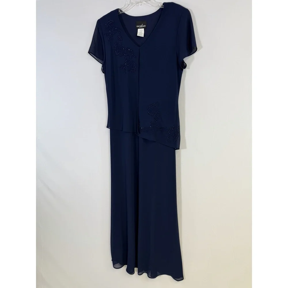 Positive Attitude Royal‎ Blue Beaded Short Sleeve Maxi Dress Size 14 Vtg Formal